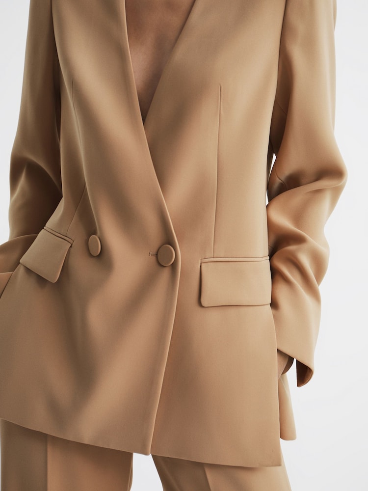 Reiss Neutral Margeaux Collarless Double Breasted Suit Blazer - Image 6 of 6