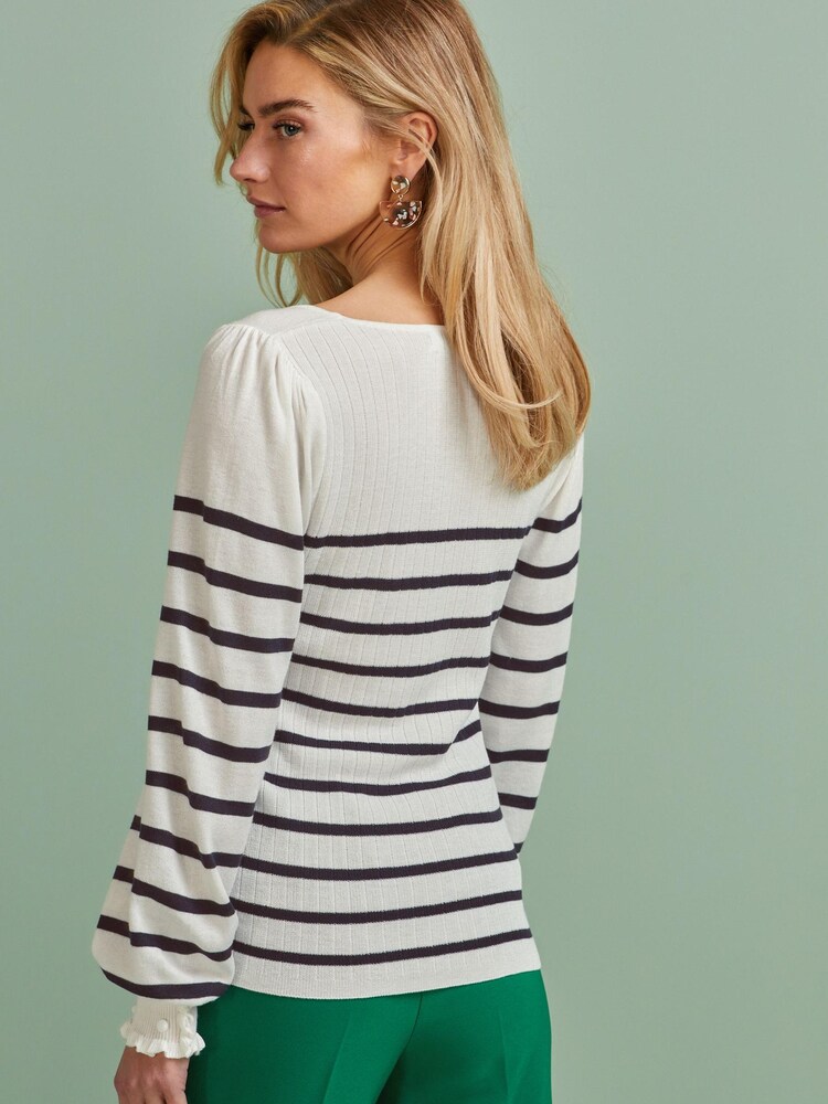 Navy/White Stripe Button Cuff Sweetheart Neck Knit Top - Image 2 of 6