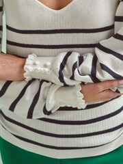 Navy/White Stripe Button Cuff Sweetheart Neck Knit Top - Image 5 of 6