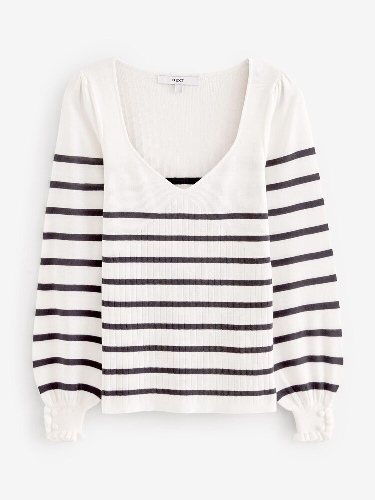 Navy/White Stripe Button Cuff Sweetheart Neck Knit Top - Image 6 of 6