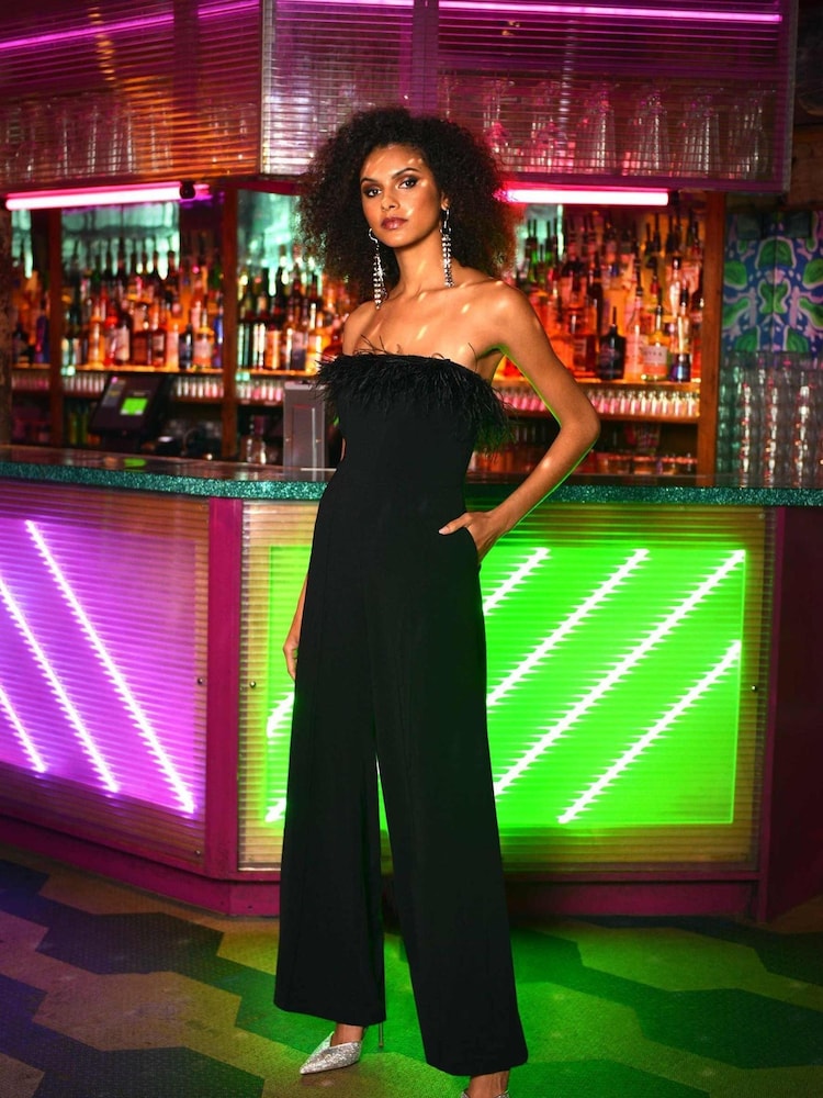 Ro&Zo Green Feather Trim Jumpsuit - Image 1 of 5
