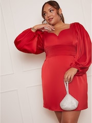 Chi Chi London Red Plus Size Balloon Sleeve Plunge Bodycon Dress - Image 4 of 5