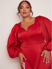 Chi Chi London Red Plus Size Balloon Sleeve Plunge Bodycon Dress - Image 5 of 5