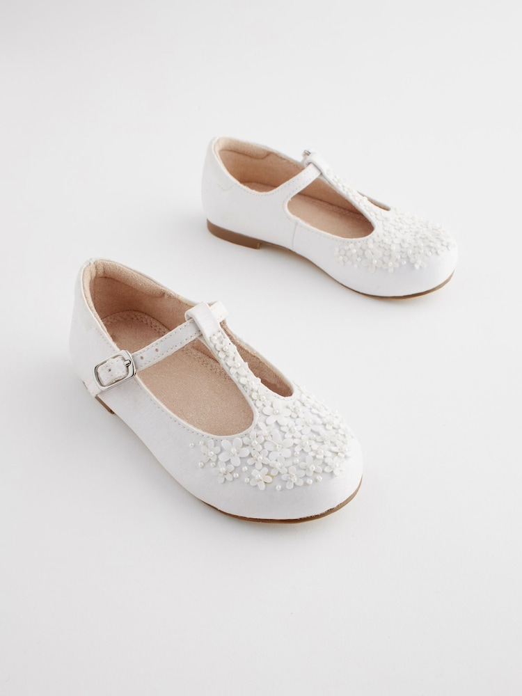 White Embellished Stain Resistant Satin Bridesmaid Collection T-Bar Occasion Shoes - Image 1 of 6