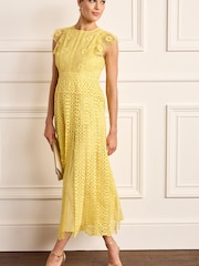 Yellow Crochet Lace Short Sleeve Occasion Midi Dress - Image 1 of 5