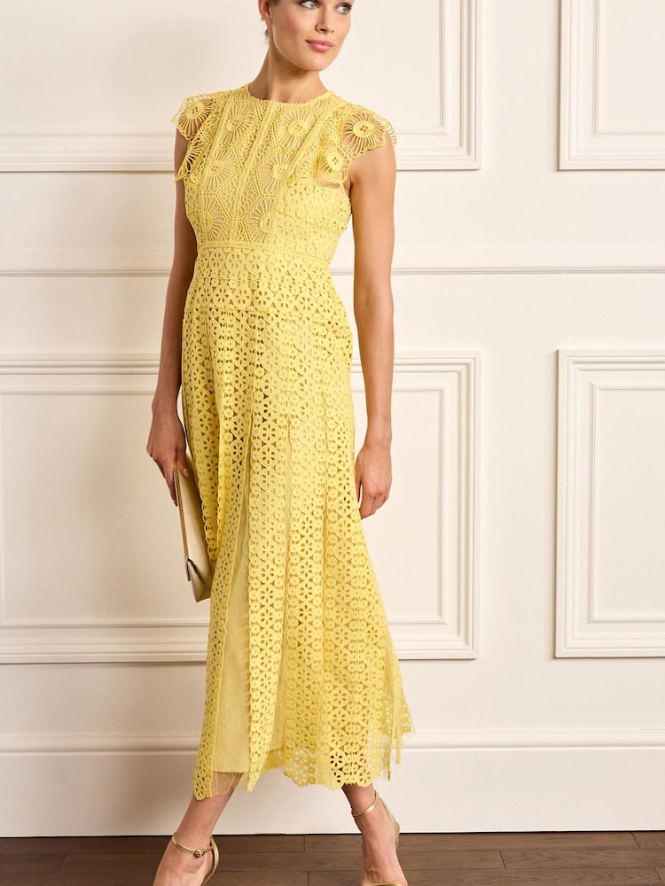 Yellow Crochet Lace Short Sleeve Occasion Midi Dress - Image 1 of 5