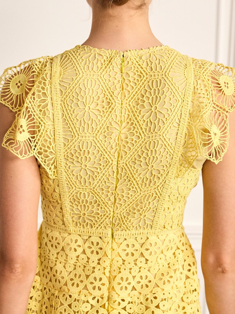 Jaune - Robe mi-longue en crochet Dentelle Manche courte Grande occasion - Image 3 of 5