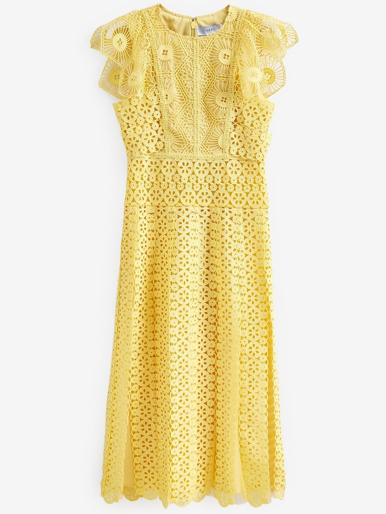 Yellow Crochet Lace Short Sleeve Occasion Midi Dress - Image 5 of 5