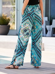 Blue/White Scarf Print Texture Wide Leg Trousers - Image 2 of 5