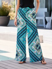 Blue/White Scarf Print Texture Wide Leg Trousers - Image 3 of 5