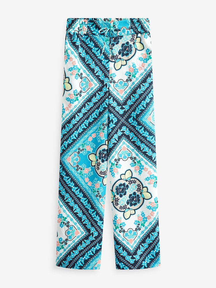 Blue/White Scarf Print Texture Wide Leg Trousers - Image 5 of 5