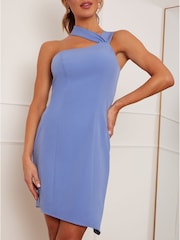 Chi Chi London Blue Asymmetric Halter Bodycon Dress - Image 1 of 3