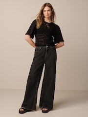 Black Crochet Woven Short Sleeve Top - Image 2 of 6