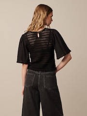 Black Crochet Woven Short Sleeve Top - Image 3 of 6