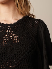 Black Crochet Woven Short Sleeve Top - Image 4 of 6