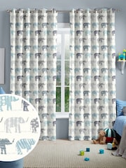 Azure Blue Kids Patterned Elephants Made To Measure 100% Cotton Curtains - Image 1 of 9