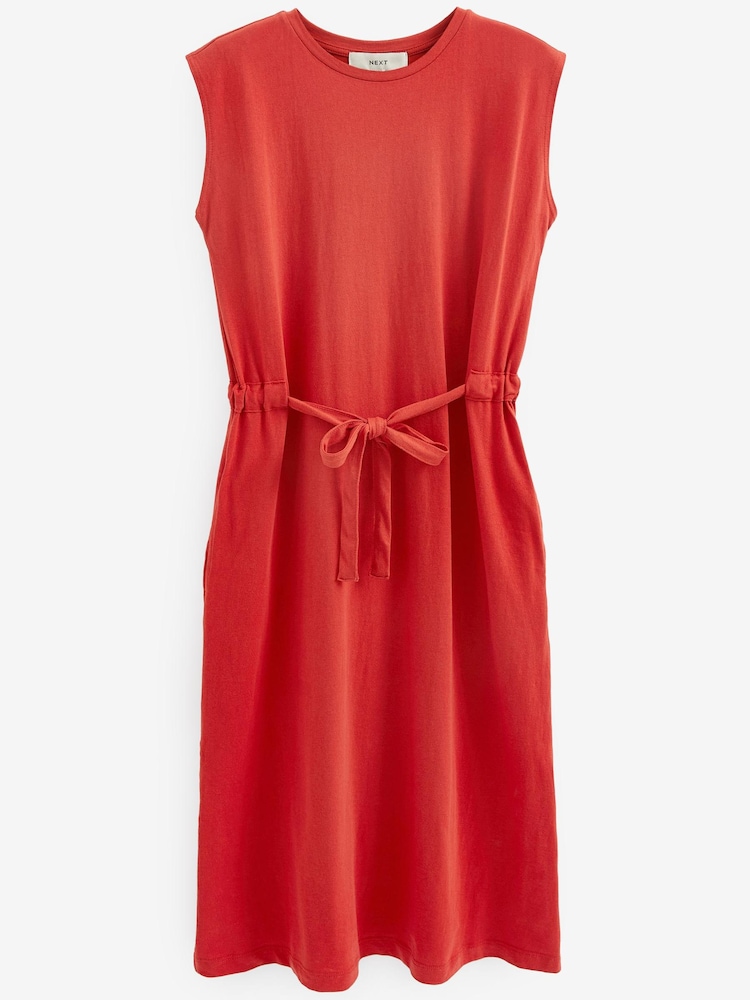 Red Short Sleeve Cotton Belted T-Shirt Midi Summer Dress - Image 5 of 5