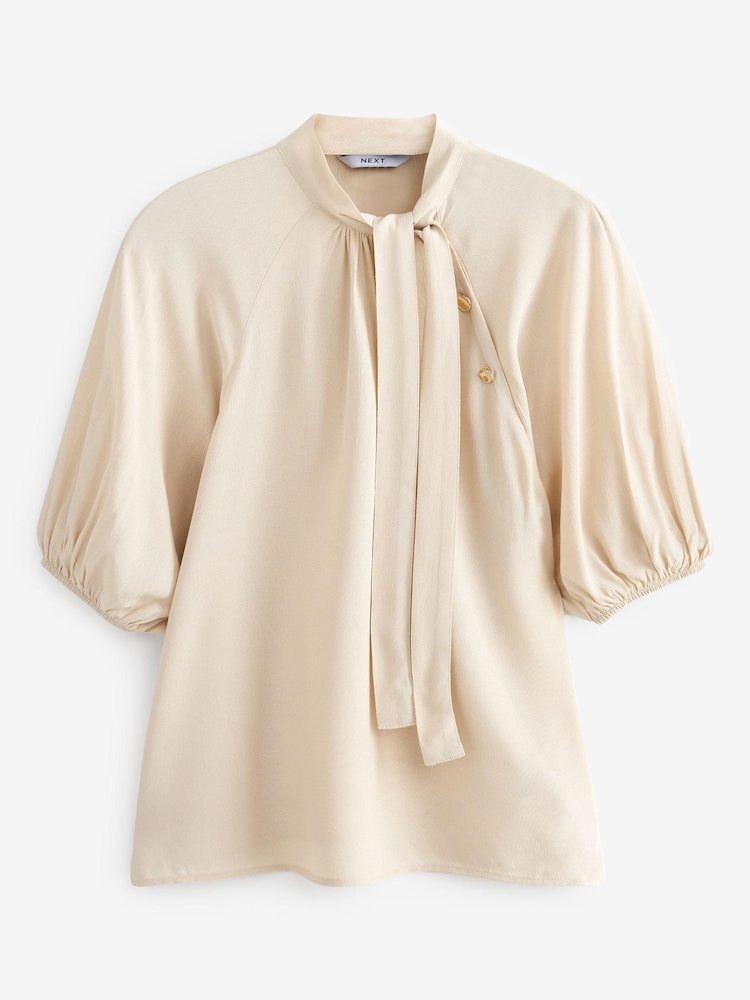 Cream Blumenmuster - Kurzärmelige, geknöpfte Bluse mit Schnürung am Hals - Bild 5 von 5