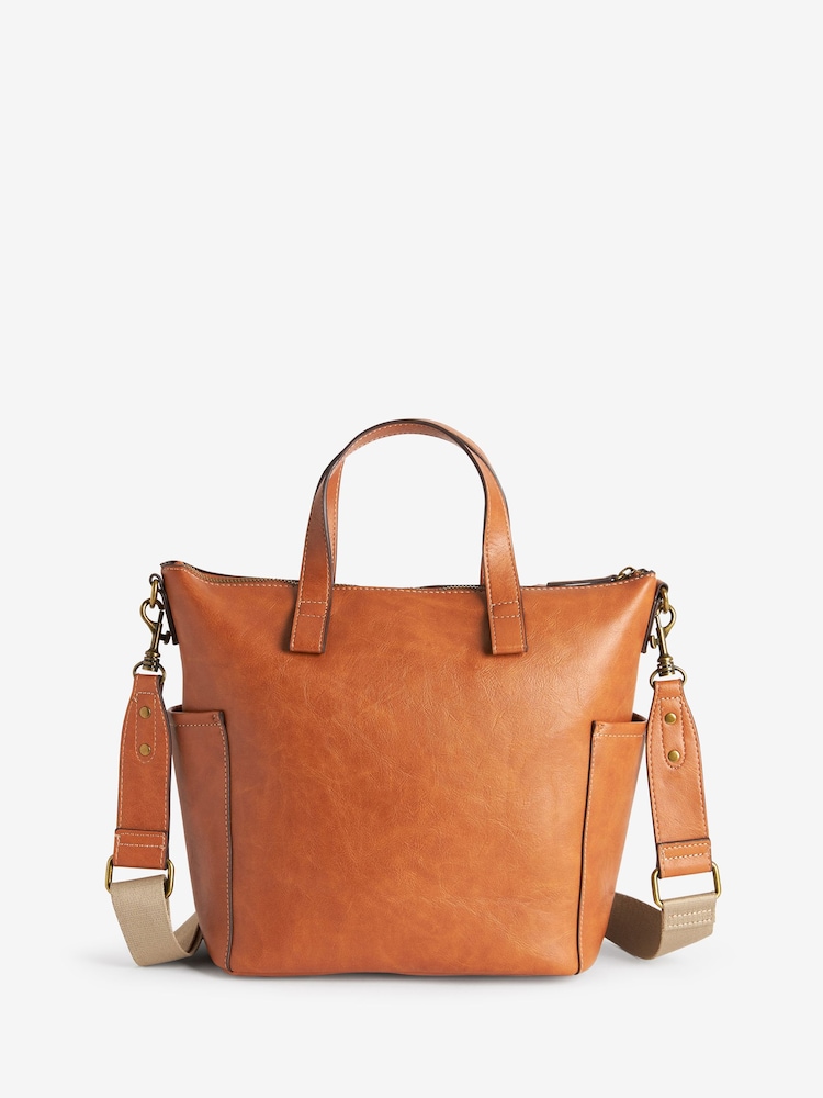 Tan Brown Contrast Strap Handheld Shopper Bag - Image 3 of 6