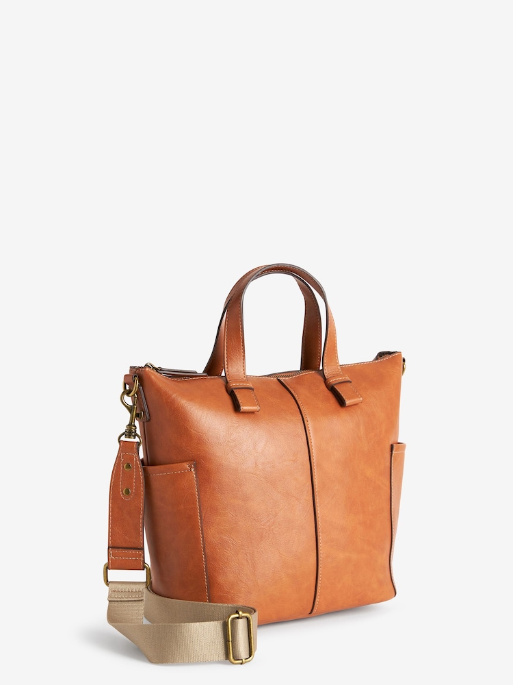 Tan Brown Contrast Strap Handheld Shopper Bag - Image 4 of 6