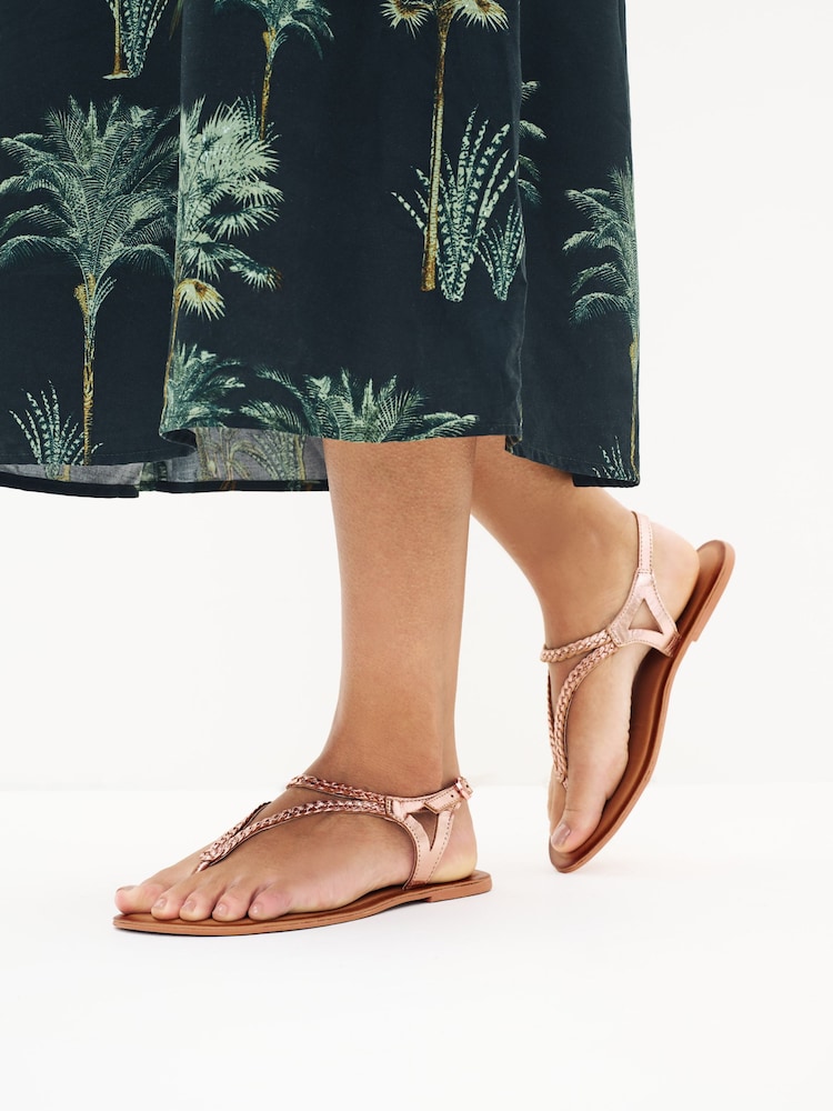 Rose Gold Extra Wide Fit Forever Comfort® Leather Plait Toe Post Flat Sandals - Image 2 of 6