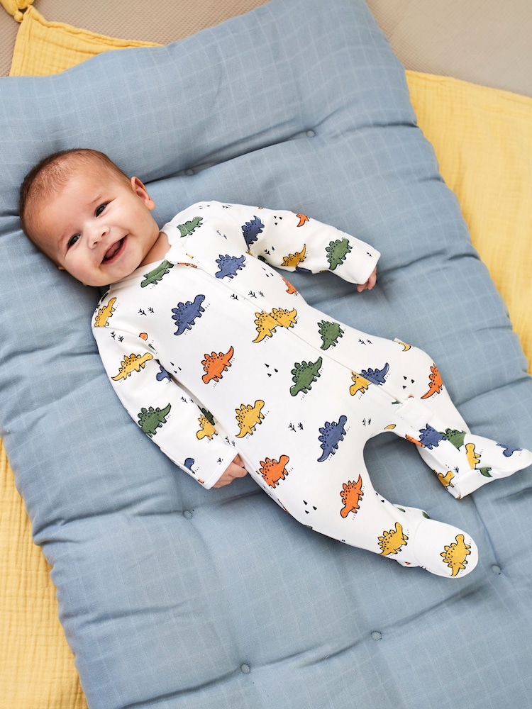 Blanc Multi Dinosaure - Dors-bien JoJo Maman Bébé zippé en coton pour bébé - Image 1 of 5
