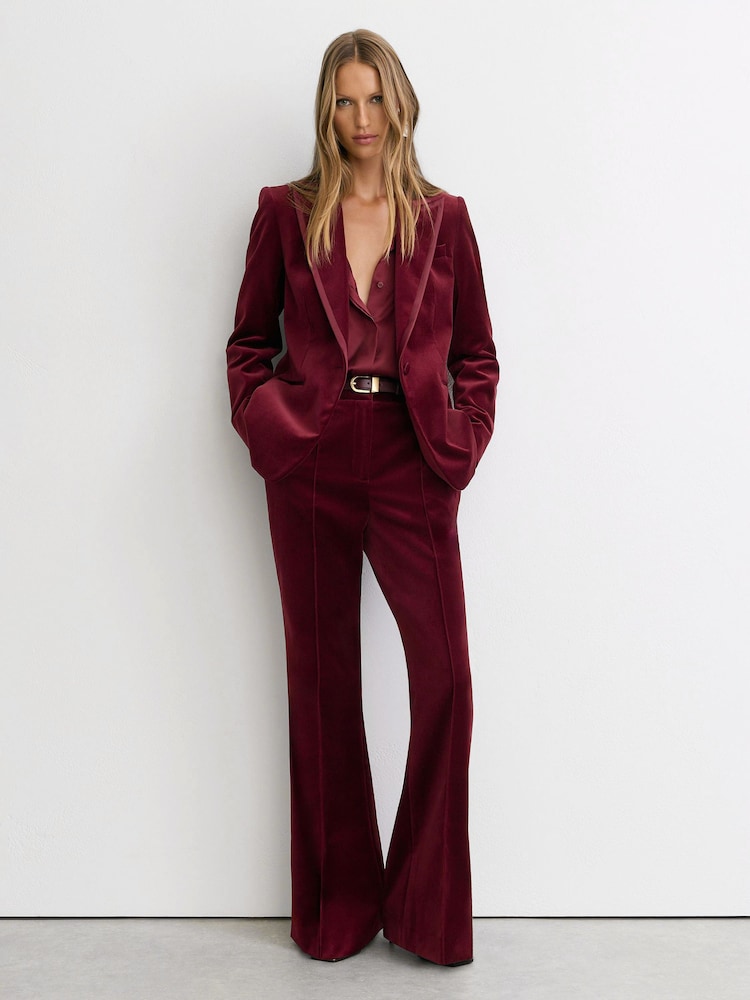 Reiss Dark Red Wren Petite Velvet Flared Tuxedo Trousers - Image 1 of 6 Reiss Dark Red Wren Petite Velvet Flared Tuxedo Trousers - Image 1 of 6