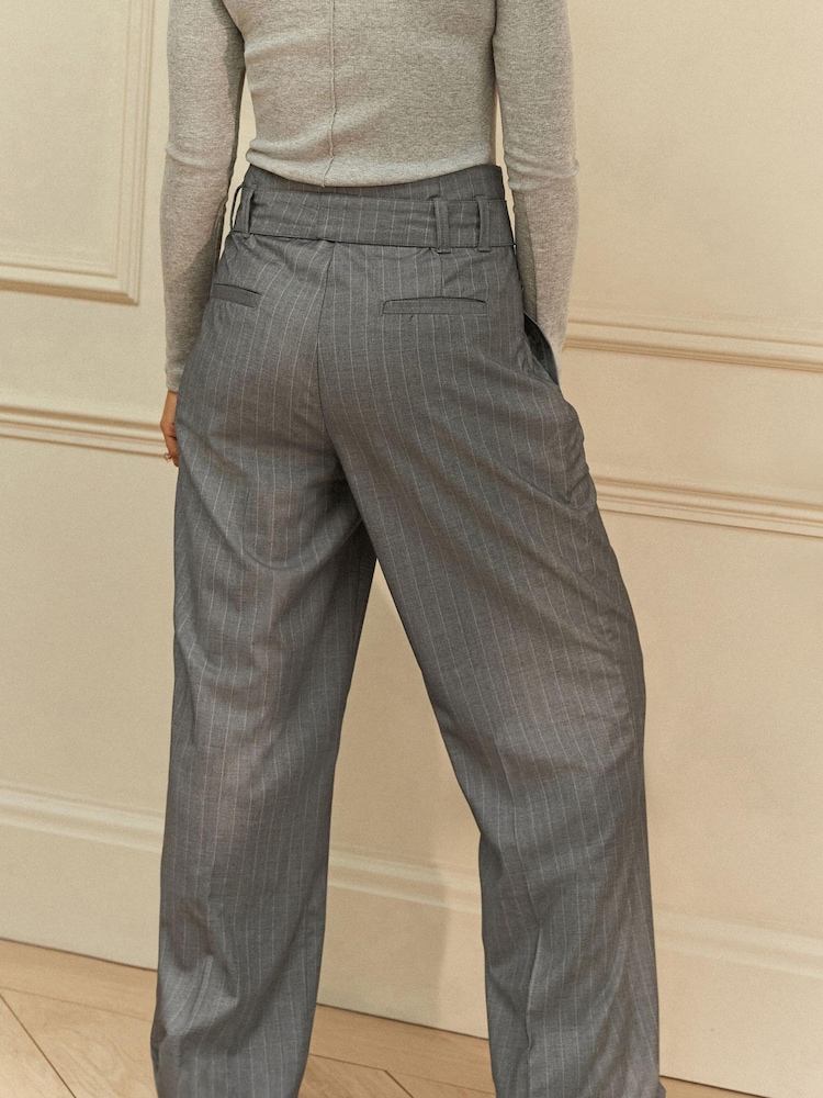 Rochelle Grey Stripe Belted Wide Leg Tailored Trousers - Image 2 of 4 Rochelle Grey Stripe Belted Wide Leg Tailored Trousers - Image 2 of 4