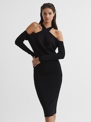 Reiss Black Raina Halter Knitted Bodycon Dress - Image 1 of 6
