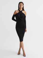 Reiss Black Raina Halter Knitted Bodycon Dress - Image 3 of 6