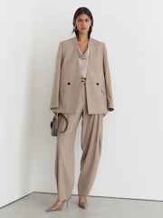 Reiss Neutral Juniper Petite Collarless Double-Breasted Suit Blazer Wool-Blend - Image 3 of 9
