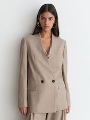 Reiss Neutral Juniper Petite Collarless Double-Breasted Suit Blazer Wool-Blend - Image 7 of 9