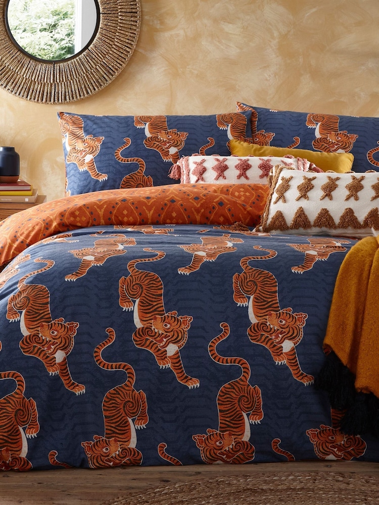 furn. Blue Tibetan Tiger Duvet Cover and Pillowcase Set - Image 1 of 5