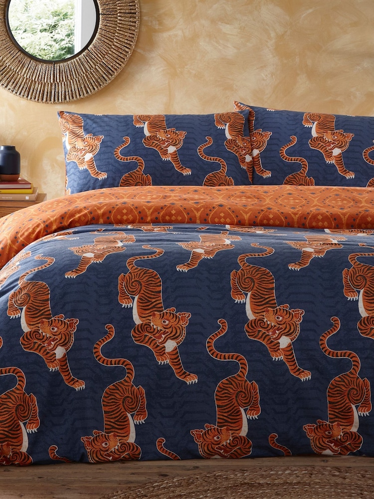 furn. Blue Tibetan Tiger Duvet Cover and Pillowcase Set - Image 2 of 5
