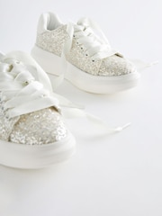 Ivory Cream Glitter Lace Up Chunky Sole Trainers - Image 1 of 6