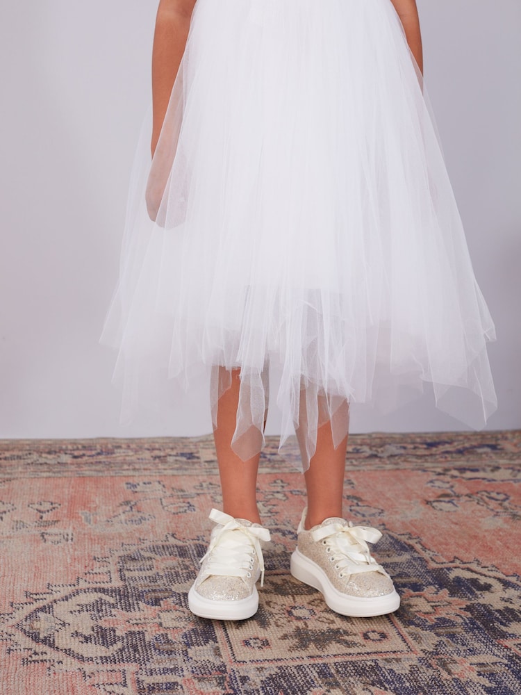 Ivory Cream Glitter Lace Up Chunky Sole Trainers - Image 2 of 6