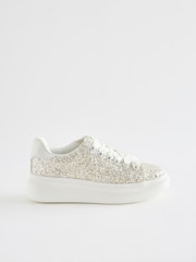 Ivory Cream Glitter Lace Up Chunky Sole Trainers - Image 3 of 6