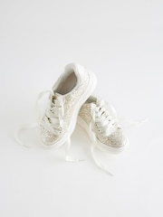 Ivory Cream Glitter Lace Up Chunky Sole Trainers - Image 5 of 6