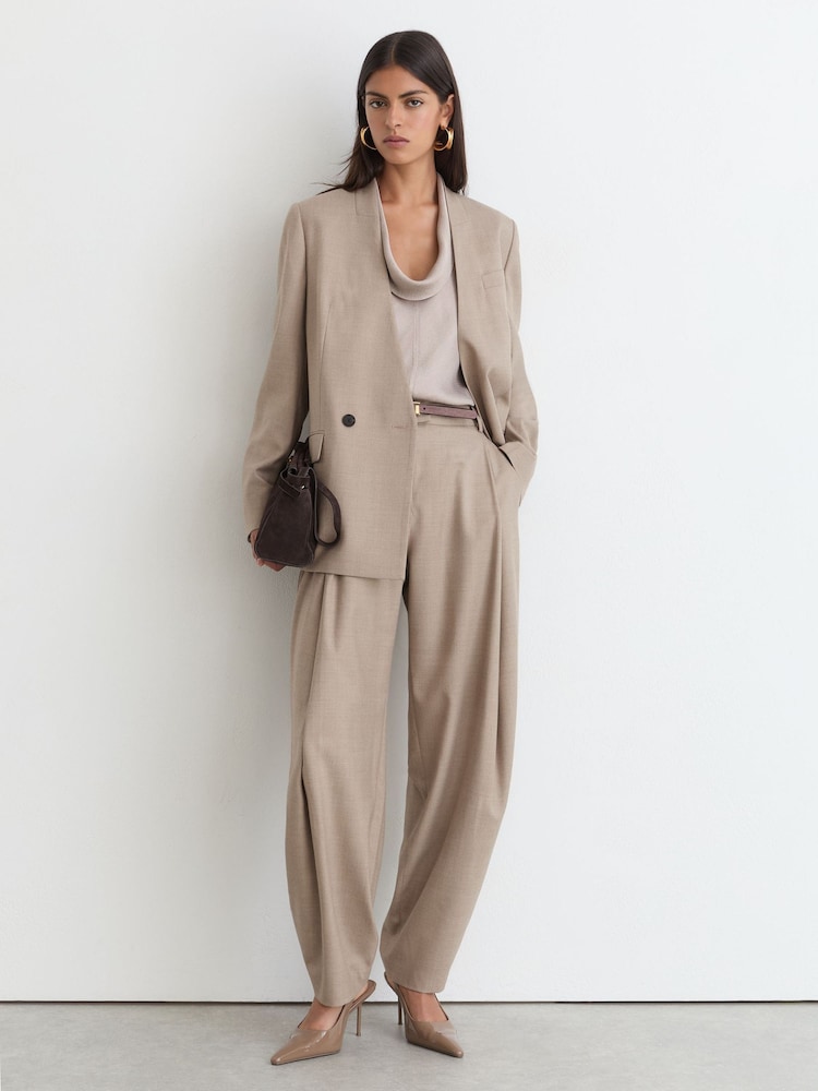 Reiss Neutral Juniper Collarless Double-Breasted Suit Blazer Wool-Blend - Image 1 of 8 Reiss Neutral Juniper Collarless Double-Breasted Suit Blazer Wool-Blend - Image 1 of 8
