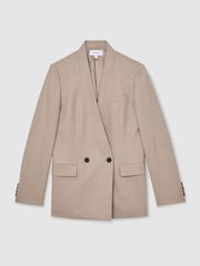Reiss Neutral Juniper Collarless Double-Breasted Suit Blazer Wool-Blend - Image 2 of 8