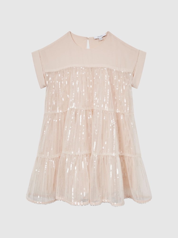 Reiss Pale Pink Luci 9-12 yrs Sequin Tiered Dress - Image 2 of 6