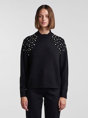 Negru - Pulover PIECES cu gât rotund, detaliu de Crăciun și perle - Image 1 of 6