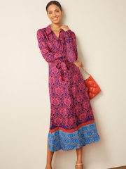 Rosa mit Bordürenmuster - Langärmeliges Midi-Hemdkleid mit Gürtel - Bild 1 von 5
