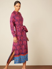 Rosa mit Bordürenmuster - Langärmeliges Midi-Hemdkleid mit Gürtel - Bild 4 von 5