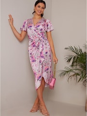 Chi Chi London Purple Short Sleeve V-Neck Floral Midi Dress - Image 1 of 4