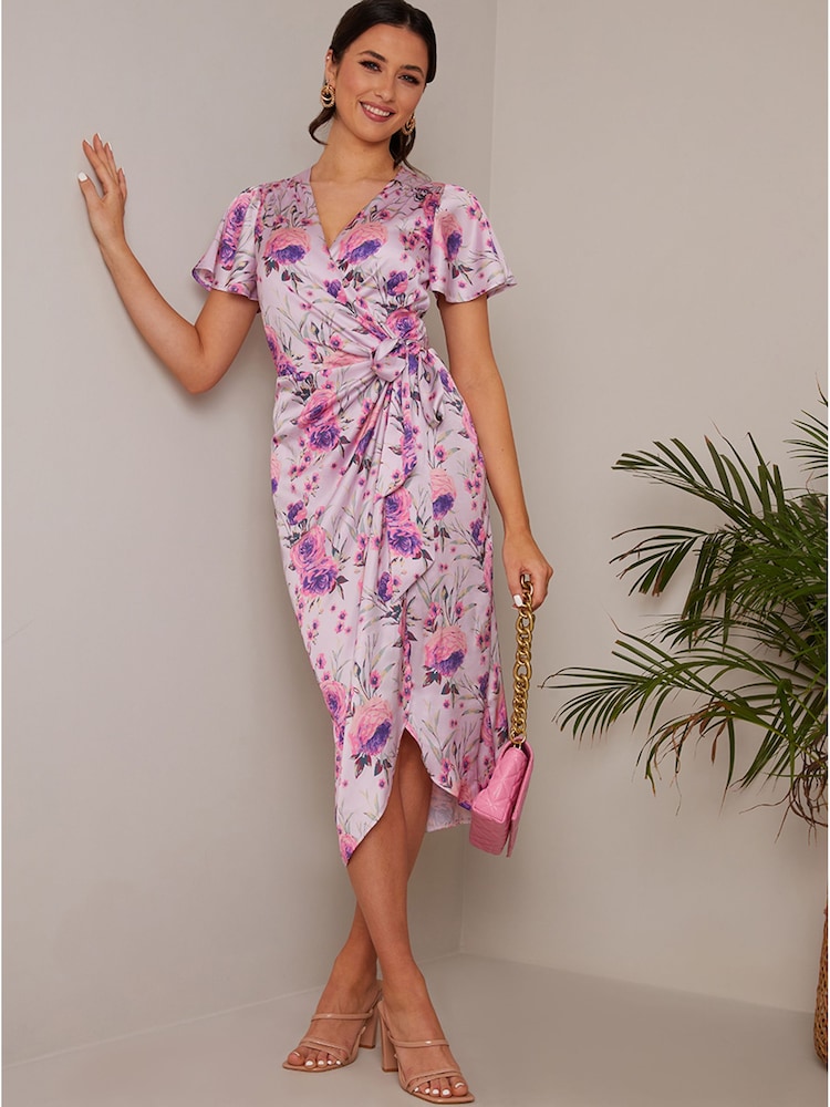 Chi Chi London Purple Short Sleeve V-Neck Floral Midi Dress - Image 1 of 4