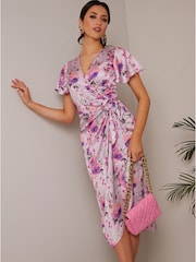 Chi Chi London Purple Short Sleeve V-Neck Floral Midi Dress - Image 3 of 4