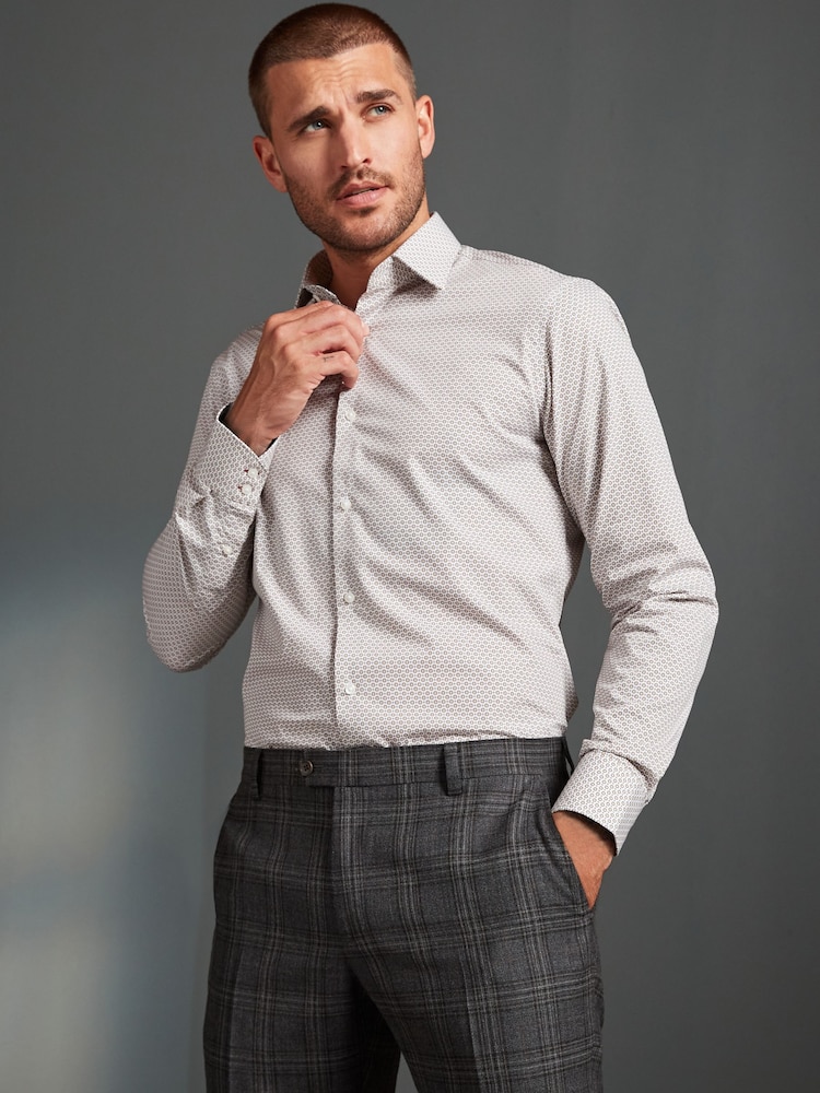 Neutral Brown Geometric Slim Fit Single Cuff Signature Trimmed Shirt - Image 1 of 9