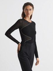 Reiss Black Felicity Mesh Diamanté Detail Bodysuit - Image 1 of 7
