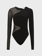 Reiss Black Felicity Mesh Diamanté Detail Bodysuit - Image 2 of 7